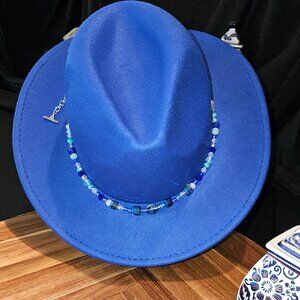 Blue hat with crystal and glass beaded hat band/necklace - it's BOTH!